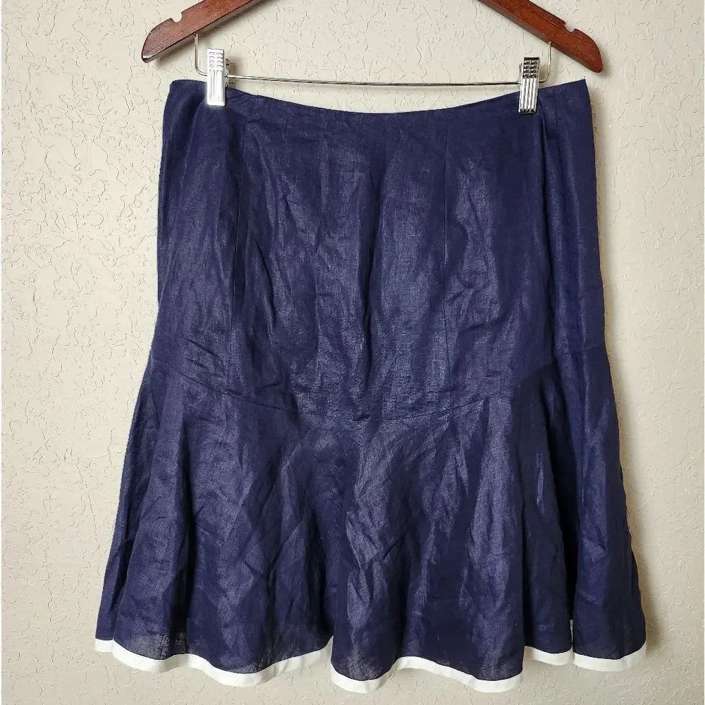 Lauren Ralph Lauren Linen Flounce Flare Skirt Navy White Trim Size 8P